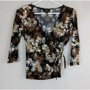 Byline Women's Sequined Black Wrap Blouse With Floral Designs Size Small